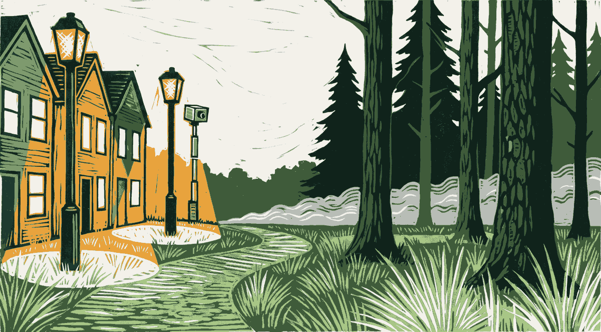 A woodcut print: a lit town with street lamps and a camera on a pole on the left, a footpath leading into a dark pine forest on the right